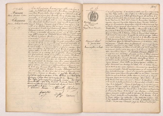 Acte de mariage de FRANÇOIS Henri Gustave Octave et CHESNAIS Jeanne Adélaïde Ernestine (01 octobre 1910), Transcription d'un acte de mariage du 30 janvier 1909 de DE GUÉROUST Gaston Marie et GAYET Benoite Françoise (01 octobre 1910).