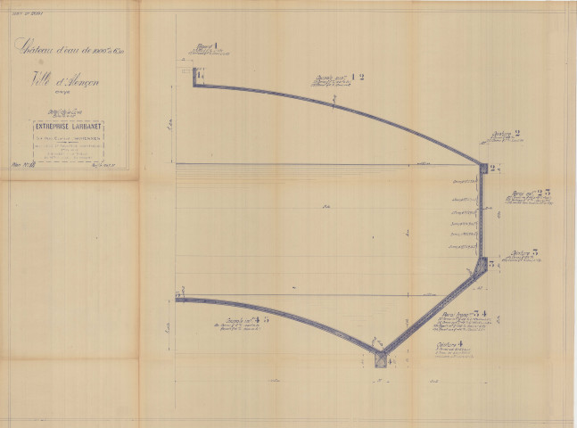 Construction d'un château d'eau de 1000m3, détail de cuve : plan (Larbanet, éch : 1/200, plan n°18, 20 juillet 1936).