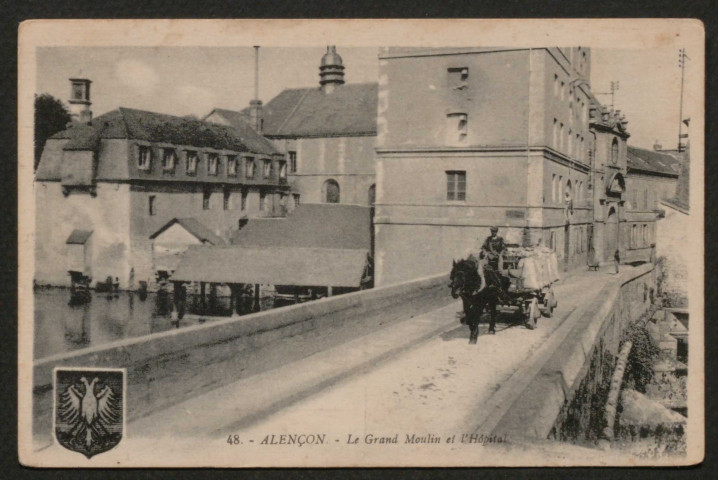 Alençon (Orne), Le grand moulin et l'hôpital, carte postale noir et blanc n°48, G. Artaud éditeur , Nantes, sd, (14x9), AMA.