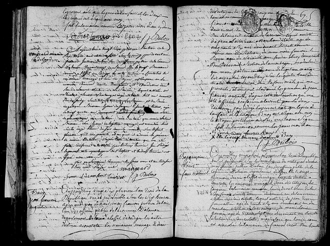 Acte de naissance de VERDIER Jeanne Françoise Angélique (12 février 1795),acte de naissance de MENGEARD Marie Adélaïde (12 février 1795),acte de naissance de MERIEL BUCY Jean François Auguste (14 février 1795),acte de naissance de CAMUS Benjamin Louis enfant naturel (16 février 1795).