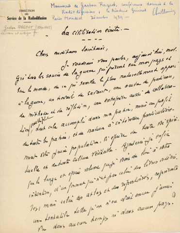 Conférence "La civilisation écrite" donnée à la radio "Paris Mondial" par Gaston Rageot : notes manuscrites (décembre 1939).