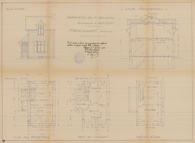 permis de construire n°1, Construction d'une maison d'habitation Rue Lancrel Alençon, (date de décision : 1932), (auteur du projet, architecte : BERNARDET (entrepreneur)).