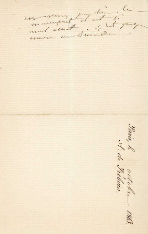 Lettre autographe signée de l'écrivaine Regnauld de Prébois Adèle à l'acteur Adolphe Laferrière [1863].