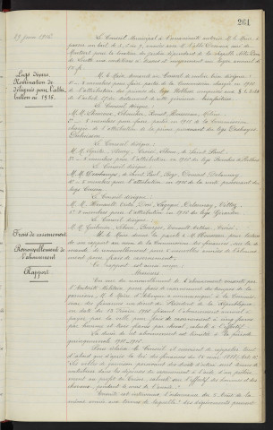 Bail du jardin dépendant de la Chapelle Notre-Dame de Lorette Rue du Mans, ancienne fabrique de l'Eglise St Pierre de Montsort, curé M. l'Abbé DESVAUX, renouvellement. Legs divers, Legs NOBLESSE, DESHAYES-DUBUISSON, BOUCHER DE PERTHES, COUSIN, GIRARDON, nomination de délégués pour l'attribution en 1916. Frais de casernement, renouvellement de l'abonnement, rapport