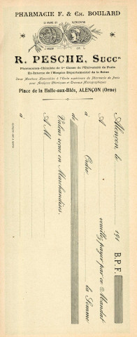 Papier mandat type à en-tête de la pharmacie Pesche (1902-1910).