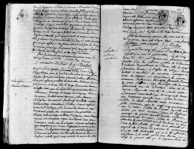 Acte de naissance de DUVAL Jeanne Adélaïde (23 novembre 1794),acte de naissance de LANGLOIS Clément Victor (23 novembre 1794),acte de naissance de LAVILLE Victoire Armande (24 novembre 1794).