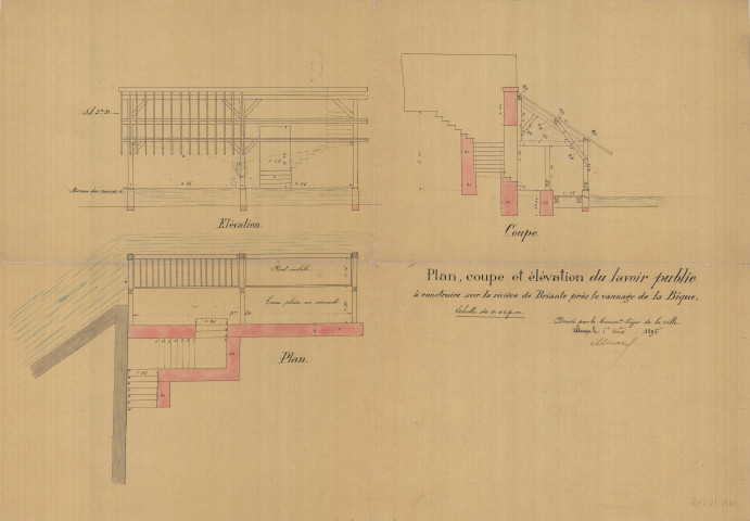 Construction d'un lavoir public sur la Briante, plan, coupe et élévations (, éch : 1/50, 1er août 1895).