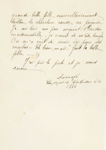 Correspondance de M de Brébisson à Mme Descoutures, épouse de Reynold Ernut-Descoutures (greffier de commerce, fils de Louise Vallory), remerciements pour lui avoir offert son livre « Madame Hilaire »
