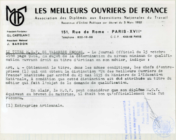 École dentellière de Point d'Alençon, personnel, MARGUERITTE Paulette Renée Charlotte (1918), directrice : curriculum vitae, extrait acte de naissance, extrait du casier judiciaire, titres "Meilleur Ouvrier de France" (photographie), attestations, diplômes.