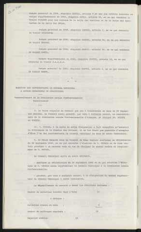 Traités de gré à gré VOISINE travaux pour la salle des fêtes, SYLVESTRE travaux pour la salle des fêtes, HONORE travaux pour un hangar place Bonet et boulevard Duchamp, CAUCE travaux pour charpente métallique place BONET, S.A.C.E.R. travaux pour le cimetière Notre-Dame, établissements TABUR. Election des représentants du Conseil Municipal à divers organismes ou commissions, Mr PRIOUL Serge et Mr COUSIN Jean, élu Mr BUFARD, renouvellement de la commission local professionnelle, rectificatif.