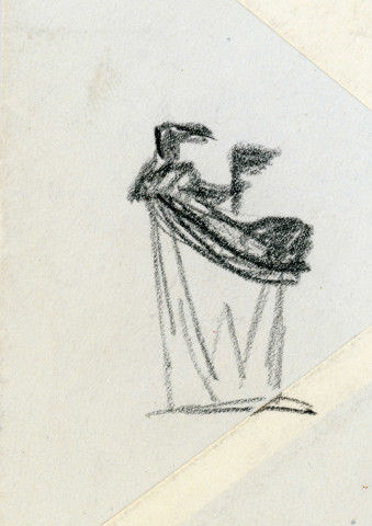 « de la matière jaillit l'industrie », 2 figures allongées sur une enveloppe (graphite sur papier) (René Letourneur, monogrammé en bas à gauche RL) (14cm x 11.5cm)