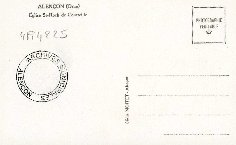 Alençon (Orne), église Saint Roch de Courteille, carte postale semi-moderne noir et blanc, cliché Moitet, Alençon, sd, (14x9), AMA.