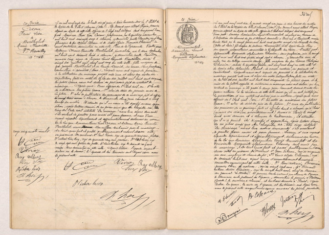 Acte de mariage de CORNU Henri Léon et BERTHELOT Marie Henriette veuve BOURILLON (20 juin 1910), Acte de mariage de DUMONTET Maximilien Louis et THOUIN Marguerite Alphonsine (21 juin 1910).