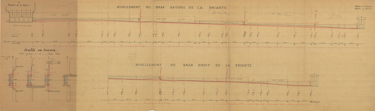 Assainissement de la Briante : plan des deux bras, profils en long et en travers, nivellement, vannes de la Bique, vanne de l'ancien Moulin du Guichet (éch: 1/500, 1/100, 5 janvier 1889).
