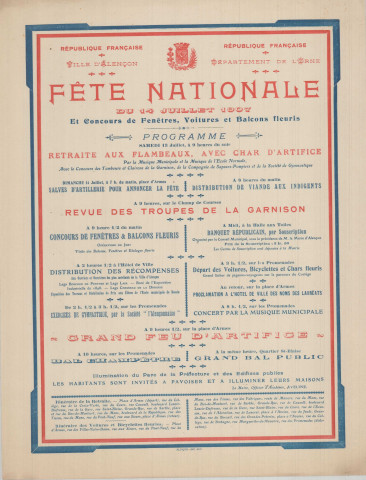 Arrêté du maire portant mesures d'ordre et de police à l'occasion de la Fête nationale (9 juillet 1907): affiche (50 x 65), Imprimerie Veuve Félix Guy et Cie.