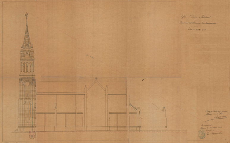 Église Saint Pierre de Montsort, projet pour l'établissement d'un paratonnerre, coupe (architecte Lheureux) (éch: 1/100, x cm, 10/10/1883).)