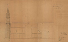 Église Saint Pierre de Montsort, projet pour l'établissement d'un paratonnerre, coupe (architecte Lheureux) (éch: 1/100, x cm, 10/10/1883).)