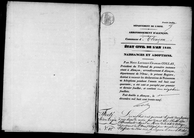 Registre des actes de naissance et adoption (1840).