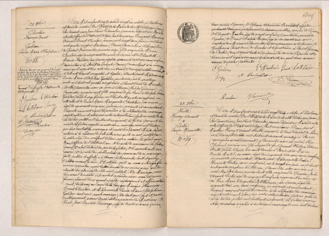 Acte de mariage de AUCLAIR François Ernest et GANDON Louise Marie Adolphine (21 octobre 1905), acte de mariage de FRETTÉ Henry Amant et LORTIE Louise Henriette (23 octobre 1905).