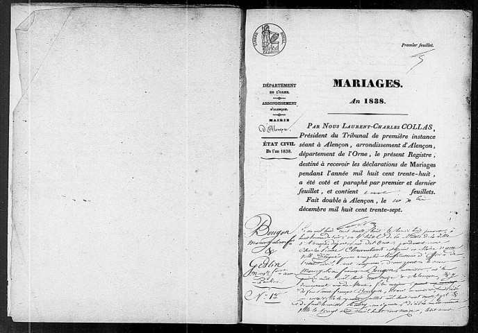 Registre des actes de mariage (1838).