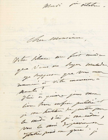 Lettre autographe signée de la femme de lettres Louise Colet au comédien Louis Fortuné Adolphe Laferrière (1872-1873).
