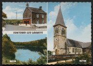 Fontenai-les-Louvets (Orne), Croix de Grand-Camp, l'étang, l'église, carte postale multivues semi-moderne couleur, Artaud frères, éditeur, Nantes-Carquefou, sd, (14,5x10,5), AMA, 2 exemplaires.