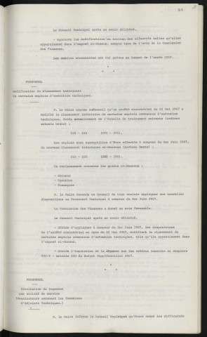 Personnel, modification à apporter au tableau des effectifs. Personnel, modification du classement indiciaire de certains emplois d'exécution techniques. Personnel, attribution de logement par utilité de service, dessinateurs assumant les fonctions d'adjoints techniques.