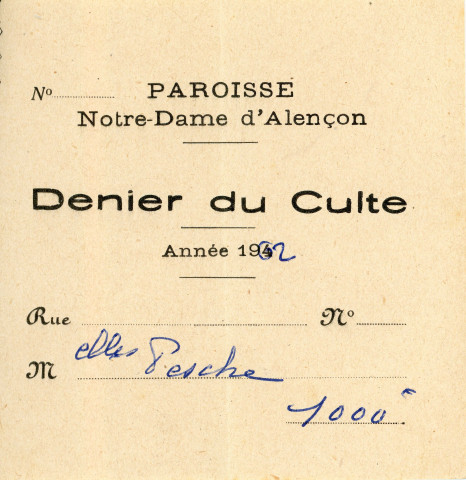 Carte d'adhérente à l'Action catholique générale féminine (1962), reçu pour le denier du culte de la paroisse Notre-Dame d'Alençon (1962).