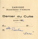 Carte d'adhérente à l'Action catholique générale féminine (1962), reçu pour le denier du culte de la paroisse Notre-Dame d'Alençon (1962).