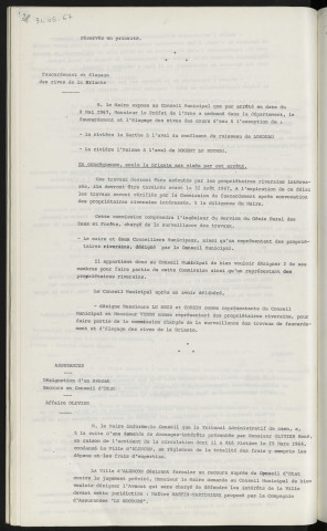 Faucardement et élagage des rives de la Briante, représentants du Conseil Municipal Mr LE BRIS et COUSIN. Assurances, désignation d'un avocat, recours en conseil d'Etat, affaire OLIVIER, maitre MARTINIERE Martin proposé par la compagnie d'assurances "Le Secours".