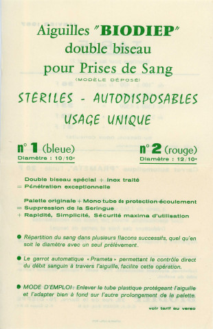 Partenariat Biodep, livraison d'échantillons : carte commande, tarif, échantillons aiguilles "nécessaires pour prise de sang", conditionnement papier kraft (15 x 11 x 0.4)