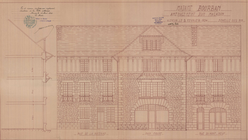 permis de construire n°5, Aménagement d'un magasin à l'angle des rues du Pont Neuf et de la rue de la Poterne Alençon, (date de décision : 1934), (auteur du projet, architecte : SOIVE Armand).