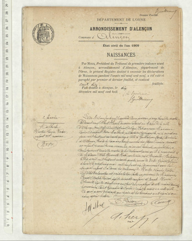 Acte de naissance de ROUSSEL André Jean Alphonse (8 février 1909),reconnaissance de PROUST Henri Célestin Léon (8 février 1909),acte de naissance de EPINETTE Jean Robert (9 février 1909),acte de naissance de COLLET Gustave Alfred (9 février 1909)