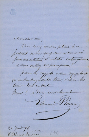 Lettre autographe signée de l'écrivain Edouard Plouvier à l'acteur Adolphe Laferrière (1856).