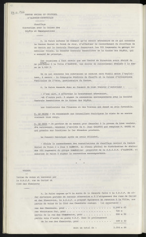 Centre social et culturel d'Alençon-Courteille, chauffage convention avec la caisse des dépôts et consignations. Voirie, remise de voies et terrains par la S.N.C.F. rue de Cerisé et cité des Cheminots.