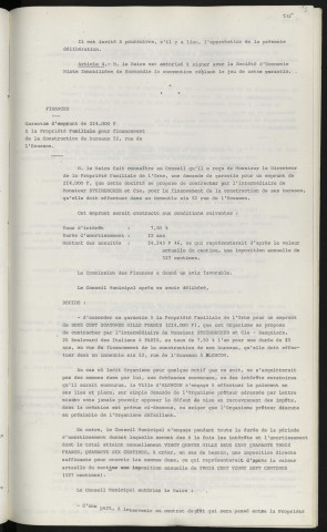 Finances, garantie d'emprunt de 574 380 F à la SEMINOR pour parfaire le financement du programme de la rue Poulies. Finances, garantie d'emprunt de 214 000 F à la propriété familiale pour financement de la construction de bureau 52 rue de l'Ecusson.