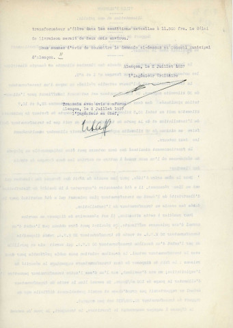Adduction complémentaire d'eau potable pour la ville d'Alençon, ajout d'un second poste de transformation pour la station de pompage et le poste de transformation, chemin des Planches (juillet - août 1937) : rapport, délibération, correspondance.