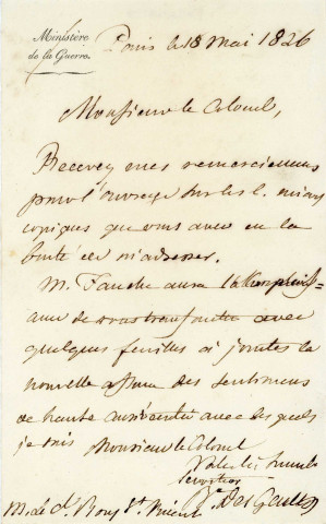 Remerciements de René Nicolas Desgenettes (Dufriche, baron) à Jean-Baptiste Bory de Saint-Vincent, naturaliste et voyageur, pour l'envoi d'un exemplaire de son essai d'une classification des animaux microscopiques : lettre autographe signée (format In-8) (18 mai 1826).