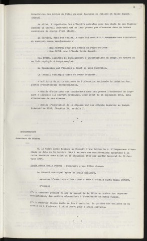 Enseignement, indemnité de logement aux instituteurs, institutrices Mme MORANGE école Point du Jour, Mme GOYER école Emile Dupont. Enseignement, ouverture de classe école Emile Dupont.
