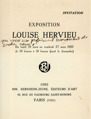 Exposition Louise Hervieu (16 mars - 27 mars 1925) à la galerie BERNHEIM-JEUNE : invitation catalogue envoyé au comte René Philipon, enveloppe.