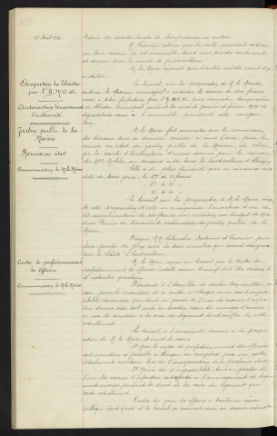 Immeuble Leclerc n°35 rue de Sarthe, demande de location de la direction de l'enregistrement, communication de Mr le Maire. Occupation temporaire du Théâtre par l'Y.M.C.A, autorisation d'encaissement d'indemnité. Jardin public de la Mairie, remise en état, concours comme pour le square du 49éme Mobile, communication de Mr le Maire. Dissolution du centre de perfectionnement des officiers caserne Ernouf, communication de Mr le Maire