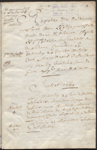 Paroisse Notre-Dame, registre des inhumations (24 juillet 1669 - 30 juin 1671).