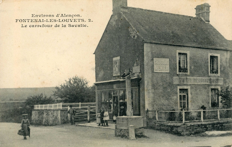 Fontenai-les-Louvets (Orne), le carrefour de la Savatte, carte postale ancienne noir et blanc n°2, sd, (14x9), AMA.