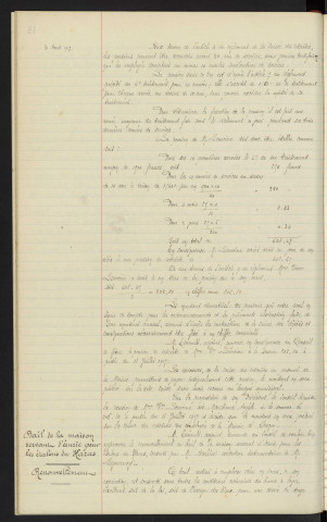 Caisse des retraites des employés de la Mairie d'Alençon, signalisation de la pension de Mme veuve LEMOINE née MARCHAND Angèle. Bail de la maison servant d'écurie pour les étalons du Haras, Mr AVELINE exécuteur testamentaire de Mr LEGUERNAY, renouvellement