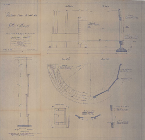 Construction d'un château d'eau de 300m3, détails, semelle, porte, fenêtre, montage de fût : élévation, coupes (Larbanet, éch : 1/200, plan n°25, 30 juillet 1936).