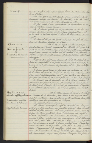 Sommaire sur les affaires à délibérer. Chiens errants, frais de fourrière, autorisation de paiement. Pavillon de visités médicales des filles publiques, construction dans les dépendances de l'hospice, adjudication des travaux.