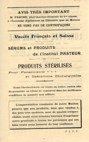 Création d'un cabinet d'optique médicale par Raoul Pesche : flyer éditeur Alençon imp. A. Herpin, (13.5 x 21.5).