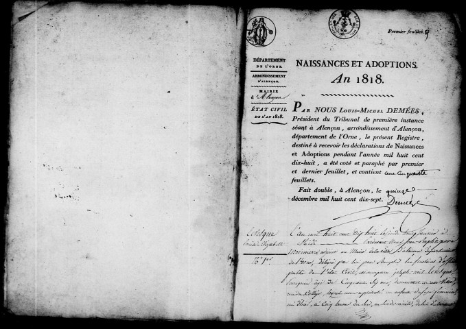 Registre des actes de naissance et adoption (1er janvier - 31 décembre 1818).