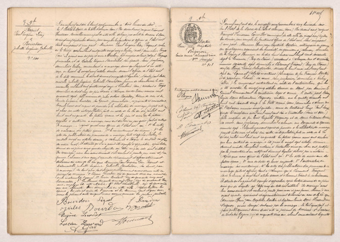 Acte de mariage de PAQUET Paul Eugène Leon et BOURDON Juliette Eugénie Gabrielle (07 novembre 1910), Acte de mariage de MARTIN Henri Jean Baptiste veuf de DELADERIERE et BIGNON Louise Marie Alexandrine, veuve SEMPE (09 novembre 1910).