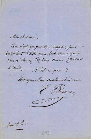 Lettre autographe signée de l'écrivain Edouard Plouvier à l'acteur Adolphe Laferrière (sd).
